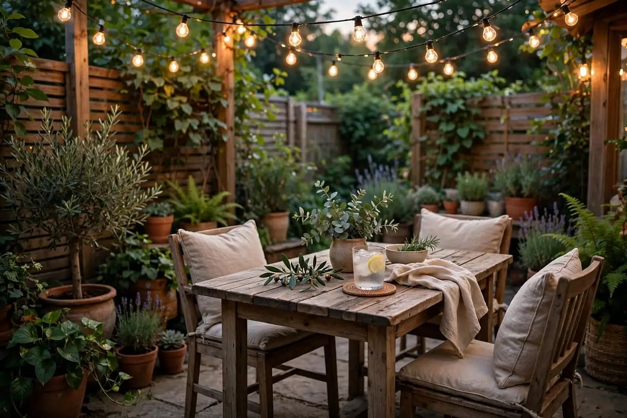 Pergola mit Sitzplatz und Lichterkette