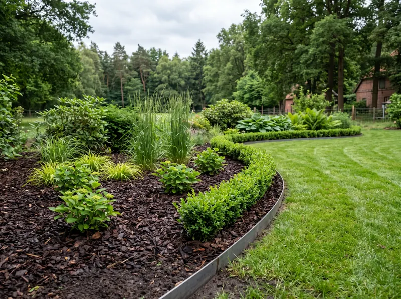 Visualisierung: Beet mit Rindenmulch und Buchshecke