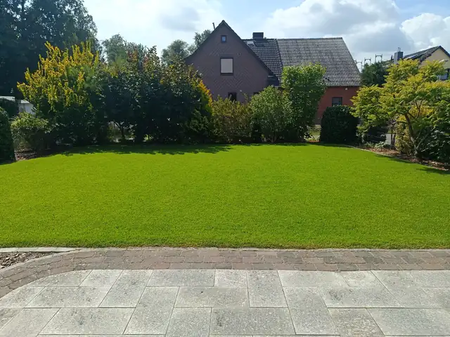 Gepflegte Rasenfläche vor Sträuchern und Bäumen